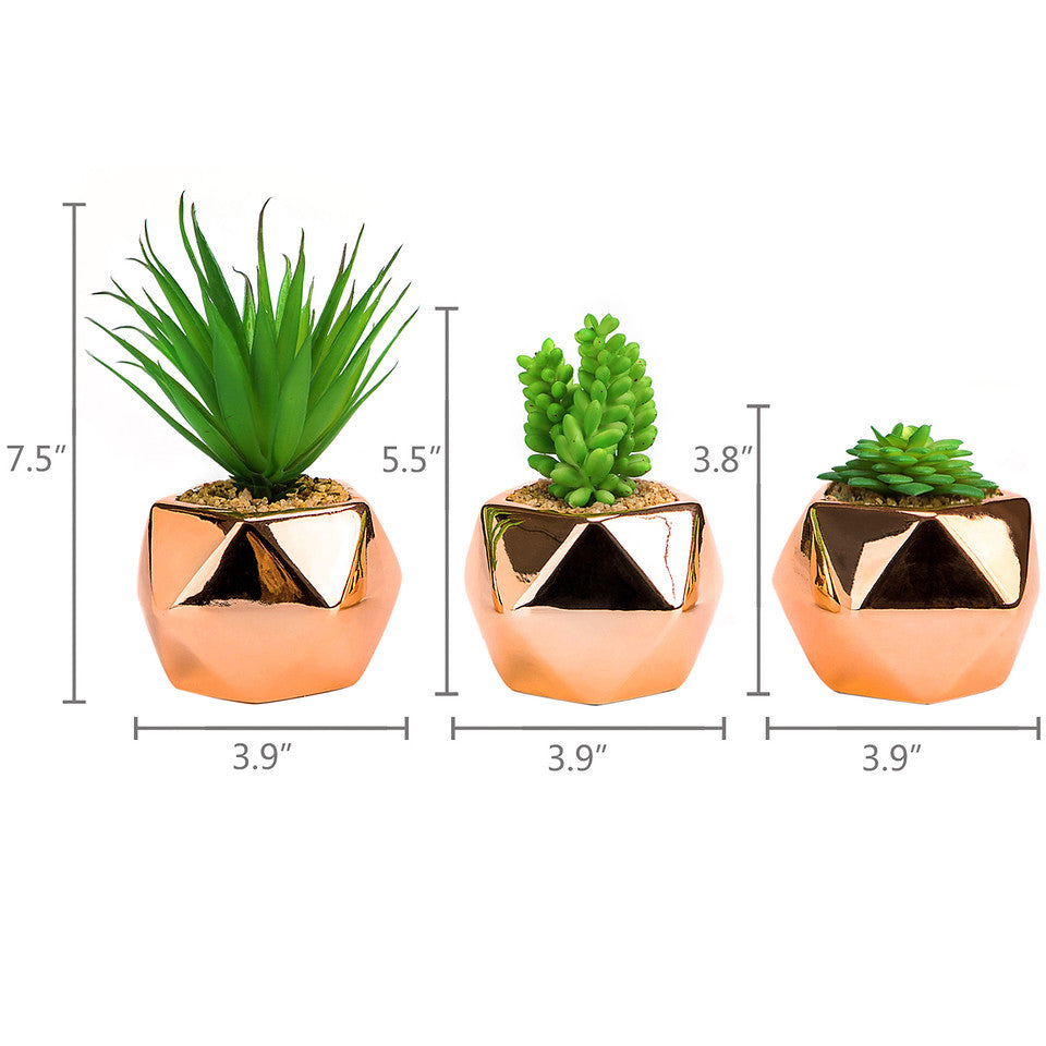small faux succulents in pots Set of 3 Small Artificial Succulent Plant Mini Fake Faux Succulents Realistic Cactus Cacti Plants in Rose Gold Geometric Pots