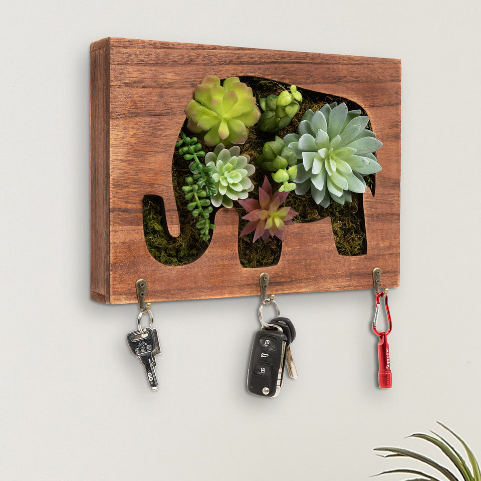 K-Cliffs Wooden Succulents Elephant Wall Frame Art/Key Holder