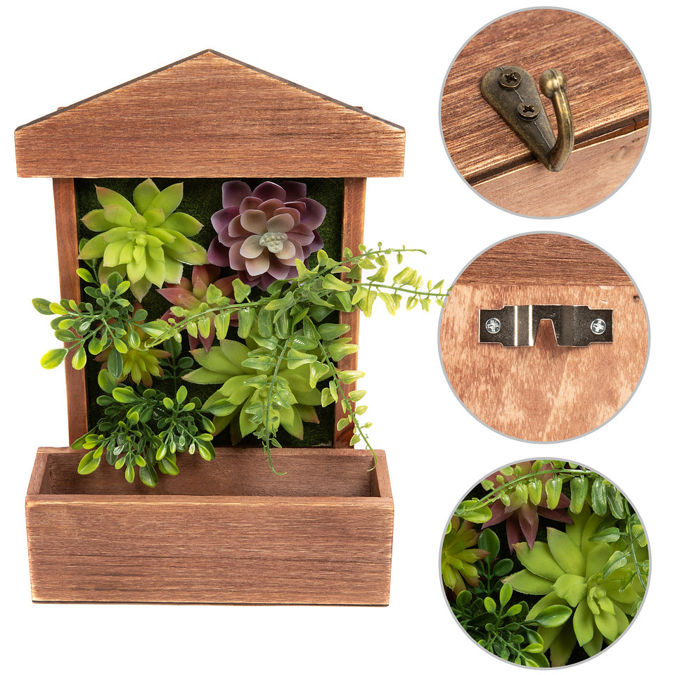 K-Cliffs Wooden House Shape Frame Design with 3 Key Hooks, 3D Faux Plants