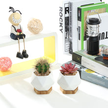 Load image into Gallery viewer, K-Cliffs Set of 2 White Diamond Shape Ceramic Succulent Plant Pot with Bamboo Tray,