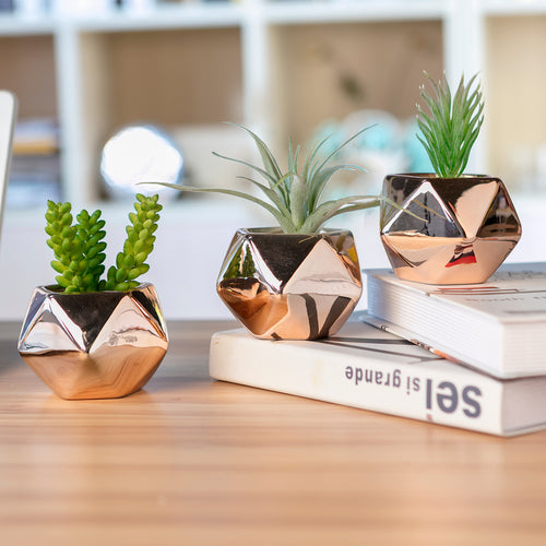 K-Cliffs Set of 3 Diamond Shape Copper Color Galvanized Ceramic Succulent Planter Pots