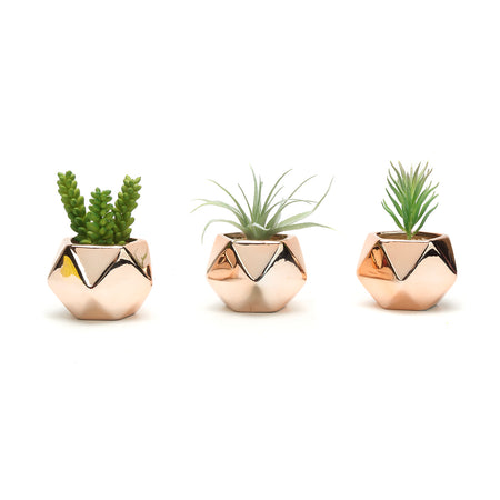 K-Cliffs Set of 3 Diamond Shape Copper Color Galvanized Ceramic Succulent Planter Pots