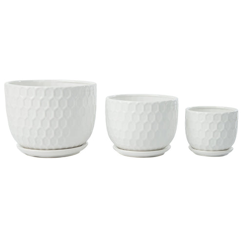 Set of 3 Golf Ball-Inspired White Round Ceramic Planters with Drainage Hole w/Attached Saucers, SML Sized