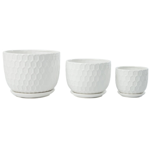 K-Cliffs Set of 3 Golf Ball-Inspired White Round Ceramic Planters with Drainage Hole w/Attached Saucers, SML Sized
