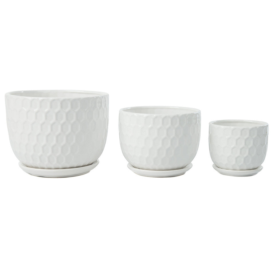 Golf Ball-Inspired White Round Ceramic Planters with Drainage Hole and Attached Saucers, Small to Medium Sized, Set of 3