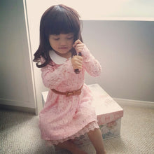 Load image into Gallery viewer, Girls Long Sleeve Lace Dress with Bow Belt Tea-Length A-Line Girl Chiffon Dress for Church Wedding Birthday Party