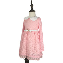 Load image into Gallery viewer, Girls Long Sleeve Lace Dress with Bow Belt Tea-Length A-Line Girl Chiffon Dress for Church Wedding Birthday Party