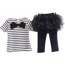 Load image into Gallery viewer, Girls Striped Top &amp; Tulle Skirt Leggings Black White Outfit Set Toddler Lace Dress Pants Red Strip Short Sleeve T-Shirt Combo with Bow