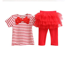Load image into Gallery viewer, Girls Striped Top &amp; Tulle Skirt Leggings Black White Outfit Set Toddler Lace Dress Pants Red Strip Short Sleeve T-Shirt Combo with Bow