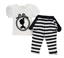 Load image into Gallery viewer, Stylish 2-Piece Girls Outfit Puff Sleeve Graphic Top &amp; Black White Stripe Pants 2pcs Casual Set
