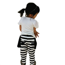 Load image into Gallery viewer, Stylish 2-Piece Girls Outfit Puff Sleeve Graphic Top &amp; Black White Stripe Pants 2pcs Casual Set