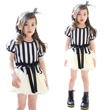 Load image into Gallery viewer, Girls Black &amp; White Straight Striped Outfit Set - Puff Sleeve Top &amp; Tiered Tulle Tutu Skirt White Dress