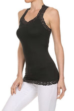Load image into Gallery viewer, Seamless Racer Back Tank for Women V-Neck Camisole with 1" Lace Straps Soft Stretchy Nylon Spandex Layering Top One Size
