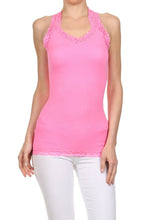 Load image into Gallery viewer, Seamless Racer Back Tank for Women V-Neck Camisole with 1" Lace Straps Soft Stretchy Nylon Spandex Layering Top One Size