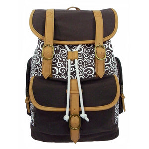 Printed Cotton Canvas Laptop Backpack w/ Swirl Pattern Cotton | Fits 15.6" Laptops Brown - k-cliffs
