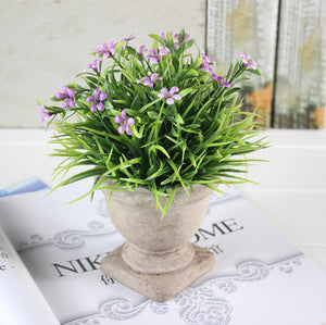 K-Cliffs Mini Lifelike Artificial Plant Fake Green Grass and Purple Flowers Arrangement in a Paper Pulp Pot