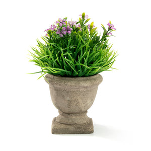 K-Cliffs Mini Lifelike Artificial Plant Fake Green Grass and Purple Flowers Arrangement in a Paper Pulp Pot