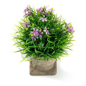 K-Cliffs Mini Lifelike Artificial Plant Fake Green Grass and Purple Flowers Arrangement in a Paper Pulp Pot