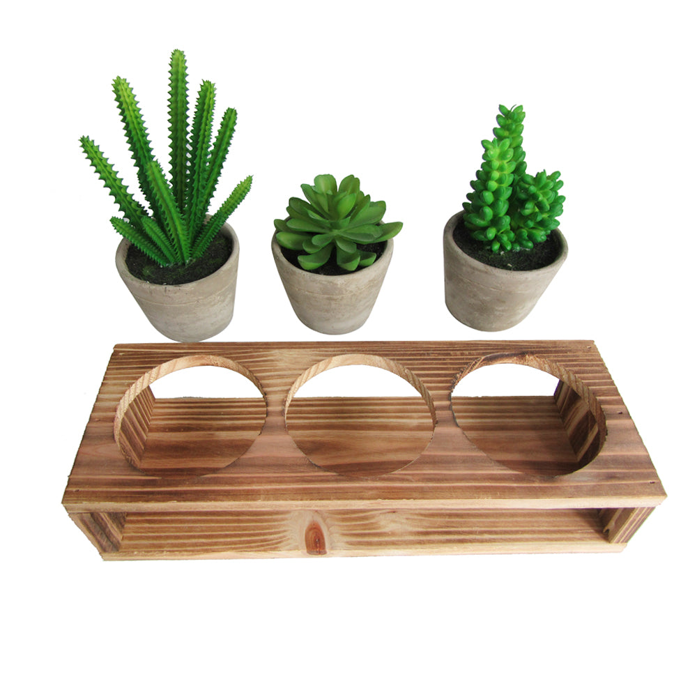 K-Cliffs Set of 3 different faux plants potted in gray pots with decorative wood display stand
