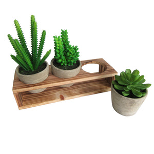K-Cliffs Set of 3 different faux plants potted in gray pots with decorative wood display stand