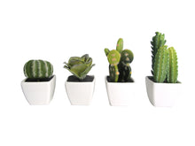 Load image into Gallery viewer, K-Cliffs Artificial Mini Succulent 3&quot; to 5&quot; Green Cactus Plants in White Ceramic Cube Shape Pot 4pcs Set