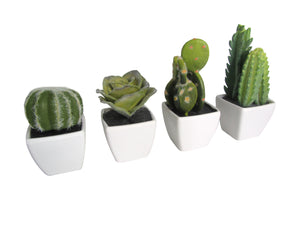 K-Cliffs Artificial Mini Succulent 3" to 5" Green Cactus Plants in White Ceramic Cube Shape Pot 4pcs Set