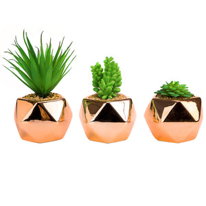 succulents fake plants Set of 3 Small Artificial Succulent Plant Mini Fake Faux Succulents Realistic Cactus Cacti Plants in Rose Gold Geometric Pots