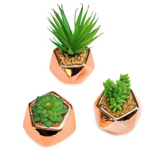 Load image into Gallery viewer, Set of 3 Small Artificial Succulent Plant in Rose Gold Geometric Pots