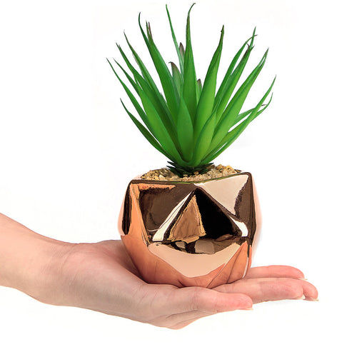 Set of 3 Small Artificial Succulent Plant in Rose Gold Geometric Pots