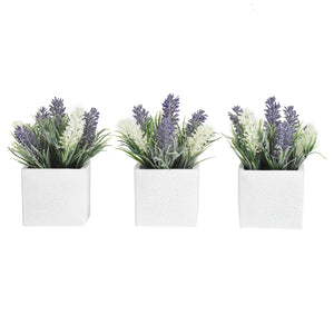 K-Cliffs Faux Lavender and White Flowers in 2.9 Inch White Cement Pot,  Set of 3