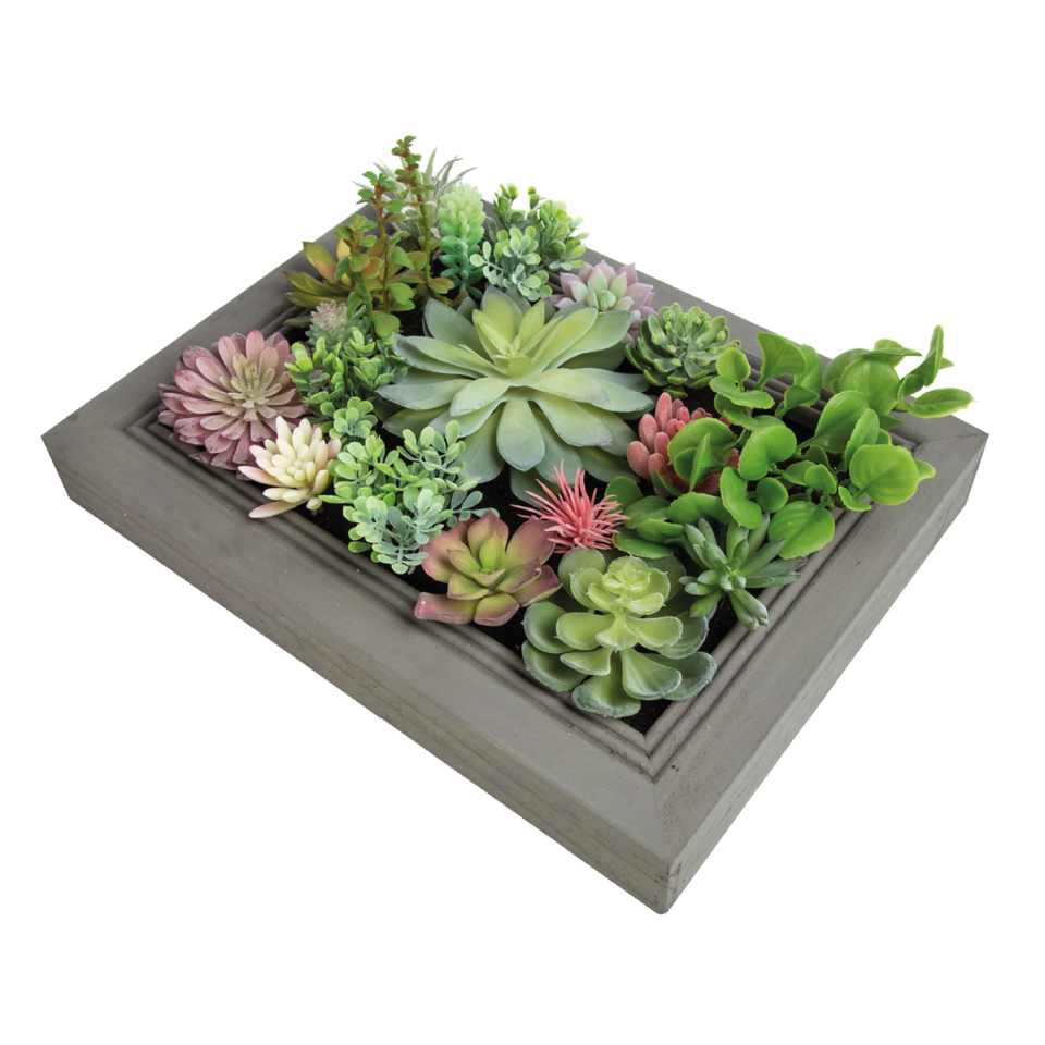 faux succulents in rectangular planter K-Cliffs