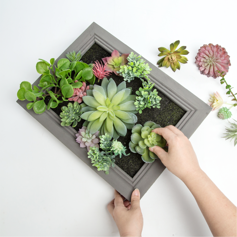 wall hanging artificial succulents K-Cliffs Artificial 3D Wall Hanging Faux Succulents in Wooden Photo Frame or DIY Self Arrange Realistic Flowers Picture Fake Cactus Plants Art