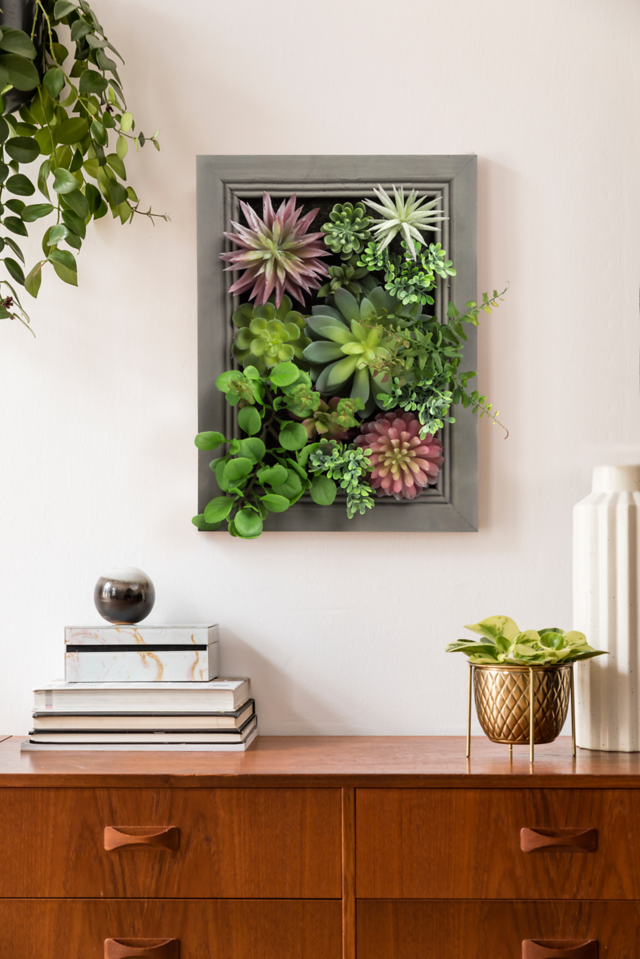 hanging succulents fake K-Cliffs Artificial 3D Wall Hanging Faux Succulents in Wooden Photo Frame or DIY Self Arrange Realistic Flowers Picture Fake Cactus Plants Art
