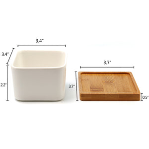 K-Cliffs Set of 2 White Square Ceramic Succulent Plant Pot/Cactus with Bamboo Tray