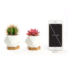 Load image into Gallery viewer, K-Cliffs Set of 2 White Diamond Shape Ceramic Succulent Plant Pot with Bamboo Tray,