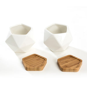 K-Cliffs Set of 2 White Diamond Shape Ceramic Succulent Plant Pot with Bamboo Tray,