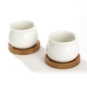 K-Cliffs White Jar Shape Design Ceramic Succulent Plant Pot  With Bamboo Tray Set of 2