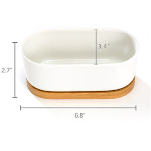 6.8" Ceramic White Oval Succulent Planter Pot with Bamboo Saucer