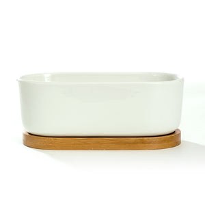 6.8" Ceramic White Oval Succulent Planter Pot with Bamboo Saucer