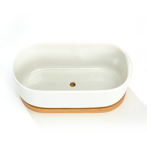 K-Cliffs 6.8" Ceramic Modern White Oval Succulent Planter with Bamboo Saucer