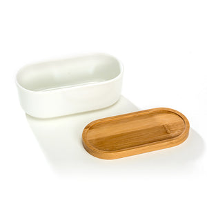 K-Cliffs 6.8" Ceramic Modern White Oval Succulent Planter with Bamboo Saucer