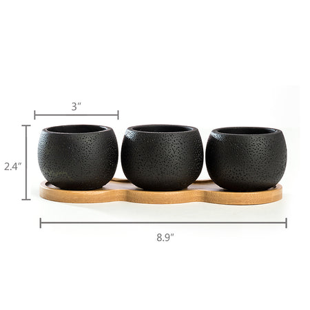 K-Cliffs Mini Black Cement Plant Pots with Bamboo Saucer and Drainage Hole, Set of 3