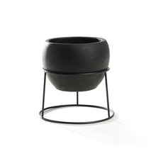 Load image into Gallery viewer, 5.6 inch Minimalistic Black Round Cement Planter Pot with a Decorative Black Metal Rack Plant Stand Holder