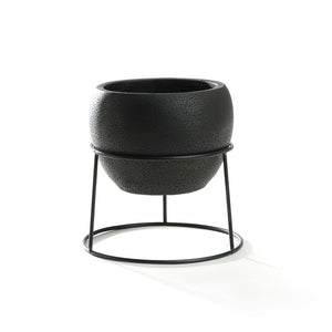 5.6 inch Minimalistic Black Round Cement Planter Pot with a Decorative Black Metal Rack Plant Stand Holder