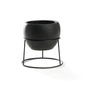 5.6 inch Minimalistic Black Round Cement Pot with a Black Metal Rack Plant Stand Holder