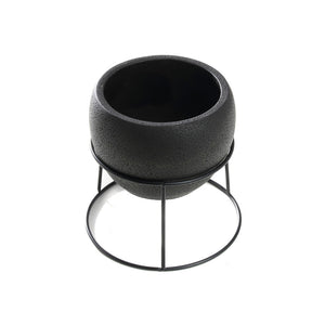 5.6 inch Minimalistic Black Round Cement Planter Pot with a Decorative Black Metal Rack Plant Stand Holder
