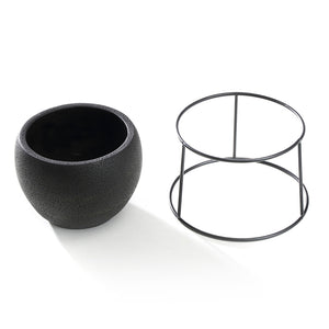 5.6 inch Minimalistic Black Round Cement Planter Pot with a Decorative Black Metal Rack Plant Stand Holder