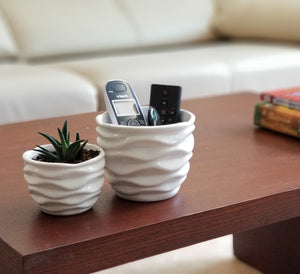 K-Cliffs "White Ceramic Flower Pots, Modern Design Waving Curve Texture Tabletop Succulent Planter, Set of 2