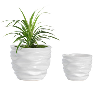 K-Cliffs "White Ceramic Flower Pots, Modern Design Waving Curve Texture Tabletop Succulent Planter, Set of 2