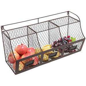 K-Cliffs 3 Compartment Wall Mount Kitchen Basket Wire Fruit Rack Metal Produce Storage Bin
